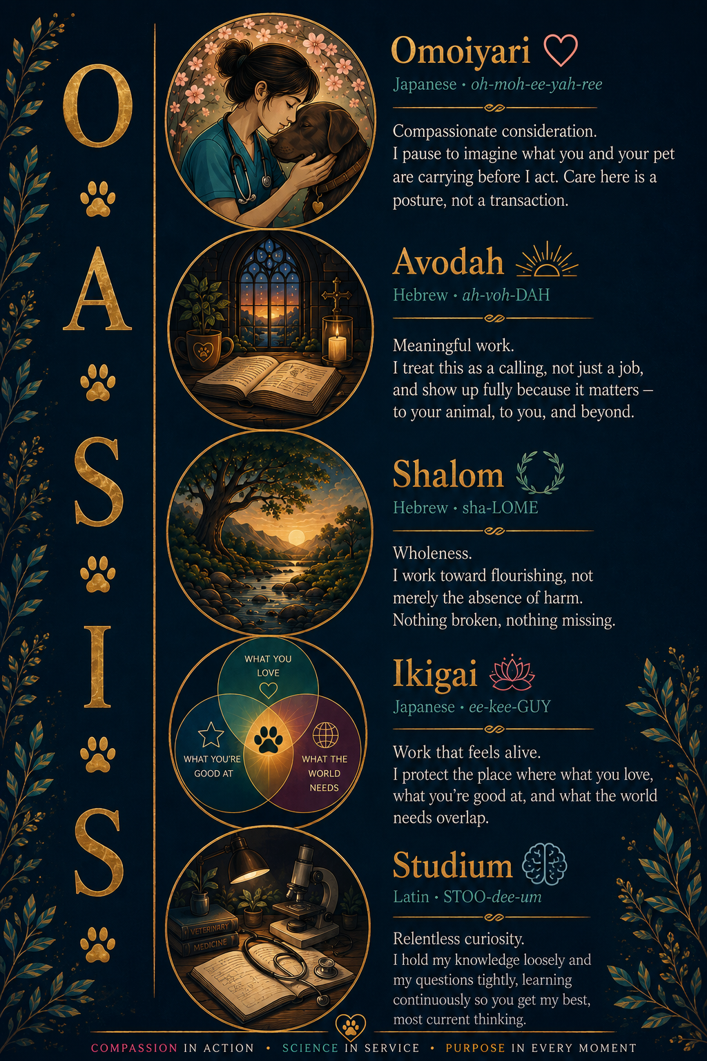 OASIS core values: Omoiyari (compassionate consideration), Avodah (meaningful work), Shalom (wholeness), Ikigai (work that feels alive), and Studium (relentless curiosity).
